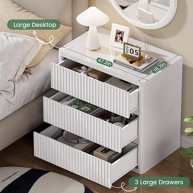 White Nightstand Set of 2, 3 Drawers Night Stand Set, Mid Century Modern Bed Side Table, Large Fluted End Table for Bedroom Living Room Sofa Couch Home Office, Bedside Table with Storage, 24.8” Wide