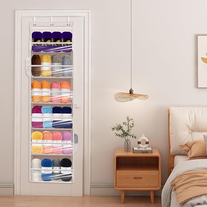 Over Door Organizer with 6 Extra Large Pockets 12 Side Pockets, Sturdy Closet Storage Rack, Hanging Storage Organizer with Clear Window for Shoes, Diapers, Toys, Bedroom, Bathroom, Beige