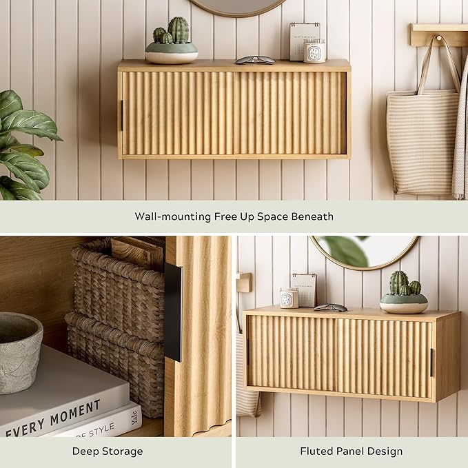 Fluted Wall Cabinet with Sliding Doors, Modern Large Floating Nightstand Storage Shelf Bedside Tables for Bedroom, Study Room Natural Oak