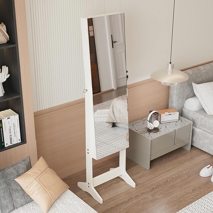 Montary Jewelry Cabinet Armoire with Full Length Mirror with stand, Freestanding Jewelry Armoire Organizer, Lockable Storage Cabinet, Interior Lighted Mirror, White