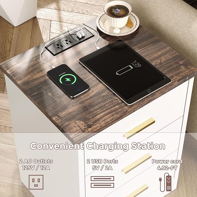 LIDYUK Dresser for Bedroom, Wood Dresser with 3 Drawers, Modern Minimalist Dressers & Chest of Drawers, 21 Inches Tall Side Table Nightstand with Charging Station, for Bedroom, Living Room, White