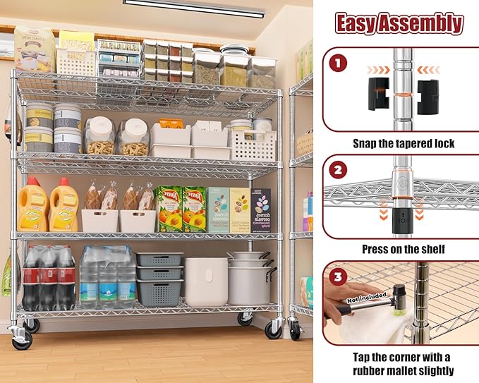 PrimeZone 4 Tier 55.5" Wx24 Dx76 H Wire Shelving with Wheels 2400lbs NSF Certified Storage Shelves Heavy Duty Metal Shelf Adjustable Rolling Rack Commercial Garage Restaurant Warehouse Kitchen Chrome