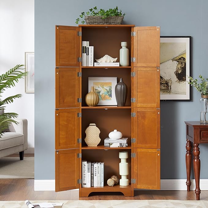 72" Tall Farmhouse Storage Cabinet, 4 Tier Kitchen Pantry Cabinet with 4 Shelves & 8 Doors, Freestanding Floor Storage Cabinet Wooden Organizer Bookcase for Living Room, Kitchen (Oak)