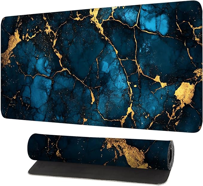 Blue Marble Gold Vein Mouse Pad – Large Extended Desk Mat 31.5 x 11.8 in– Elegant Navy Ink Texture with Metallic Cracks, Keyboard & Mouse Pad for Office & Gaming