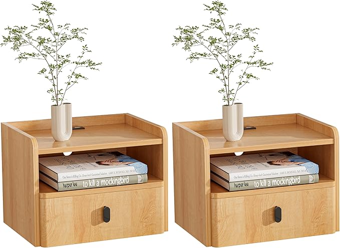 Floating Nightstand Set of 2, Modern Wall Mount Bedside Table with Drawer & Open Shelf, Space-Saving Night Stands with Charging Station, Natural Wood Finish for Bedroom