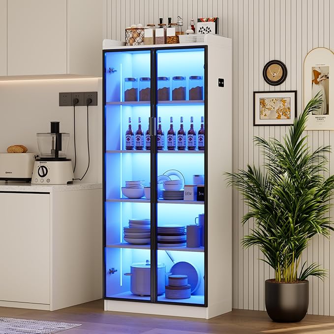 Display Cabinet with Doors and Adjustable Shelves, 65" Tall Bookcase with LED Lights/Human Sensor, 5 Tier Display Case for Collectibles Bedroom Living Room Office, White