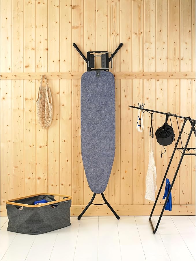 Brabantia Size A Compact Small Ironing Board (43x12 in) 7 Height Options, Adjustable Steam Iron Rest Holder (Denim Blue) Non-Slip Feet, Anti-Collapse Child Locks