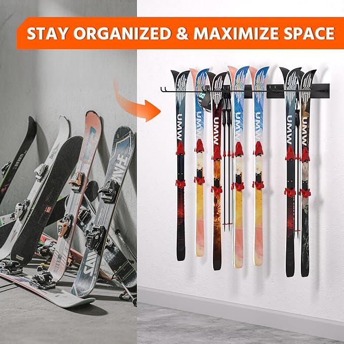 Ultrawall Wall Mount Ski Rack, Garage Ski Storage Rack, Ski Hangers For 8 Pairs of Skis