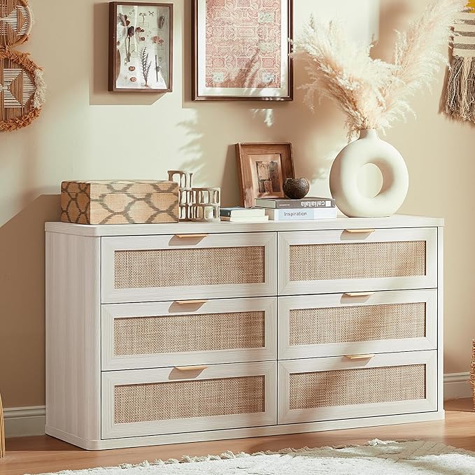 LEYAOYAO Rattan 6 Drawer Dresser for Bedroom, Boho 54" Wide White Dresser Chest of Drawers, Dressers TV Stand with Metal Handle, Storage Dressers Closet Organizer for Living Room, Hallway