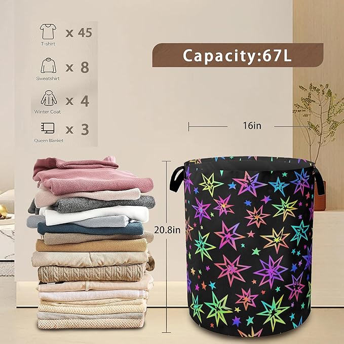 Laundry Hamper,Bright Neon Stars Laundry Basket,Waterproof Oxford Cloth Storage Basket with Handle for Clothes Books Nursery Home Storage Sundries 16"x20"