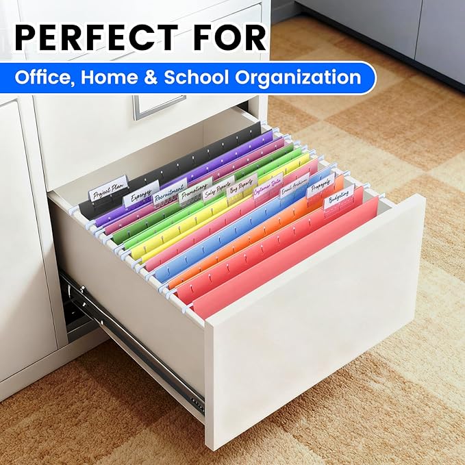 50-Pack Assorted Hanging File Folders, Letter Size with 55 Transparent Label Cards, 60 Sticker Labels,1/5-Cut Tabs–Home Office & Filing Cabinets