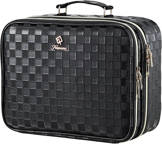 Makeup Bag with LED Lighted Mirror 12.2 IN Travel Double Layer Makeup Case Adjustable Brightness in 3 Colors Cosmetic Organizer Artist Storage with Dividers Brush Holder Vanity Black Checkerboard