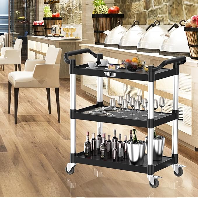 TUFFIOM 3-Tier Plastic Service Utility Cart with Wheels, Heavy Duty 390lbs Capacity, Commercial Rolling Ideal for Restaurant, Foodservice, Office, Warehouse, Black 34.8''L x 17.4''W x 38.6''H