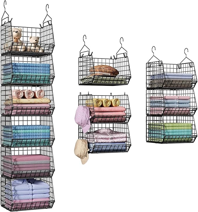 6 Tier Closet Hanging Organizer, Clothes Hanging Shelves with 4 Hanging Hooks 5 S Hooks, Wire Storage Basket Bins, for Clothing Sweaters Shoes Handbags Clutches Accessories Patent Design-Black