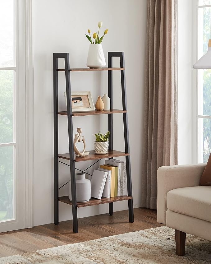 VASAGLE Ladder Shelf, 4-Tier Bookshelf, Storage Rack, Bookcase with Steel Frame, for Living Room, Home Office, Kitchen, Bedroom, Industrial Style, Hazelnut Brown and Ink Black ULLS044B03