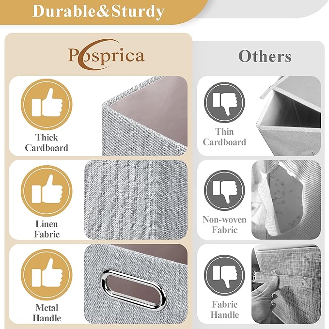 Posprica Closet Organizers and Storage, 4 Pack Large Linen Storage Bins, Decorative Shelf Storage Baskets for Organizing, Foldable Fabric Storage Box for Clothes, Toy, 16.5x12x10.25 Inch(Grey)