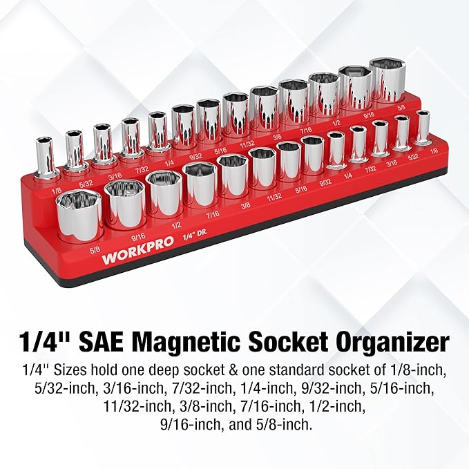 WORKPRO Magnetic Socket Organizer, 1/4-Inch SAE Socket Holder, Socket Trays Holds 26 Pieces Standard Size and Deep Size Sockets(Sockets not Included)