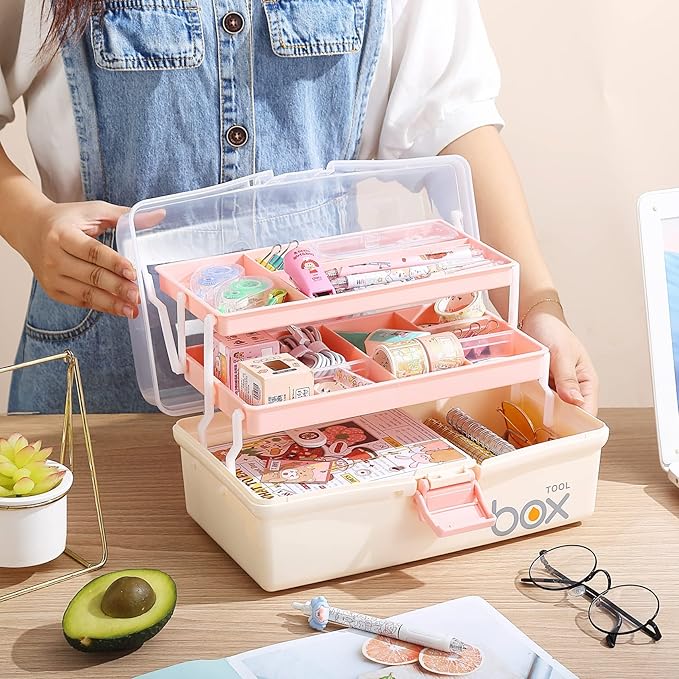 2PCS 12'' Three-Layer Clear Plastic Storage Box/Tool Box, Multipurpose Organizer and Portable Handled Storage Case for Art Craft and Cosmetic (White)