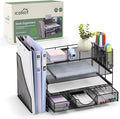 Desk Organizers and Accessories, 4 Tier Paper Letter Tray Organizer Holder Desk Organization with Drawer, Mesh Desktop Organizer with Vertical File Holder Workspace Accessories for Office Supplies