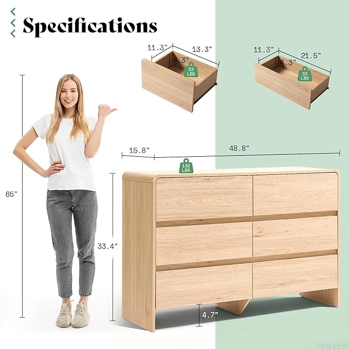 AMERLIFE Drawer Dresser for livingroom, Modern Chest of Storage Drawers with Rounded Corners, Wood Cabinet Organizer for Apartment, Nursery, Easy Assembly, Natural Oak