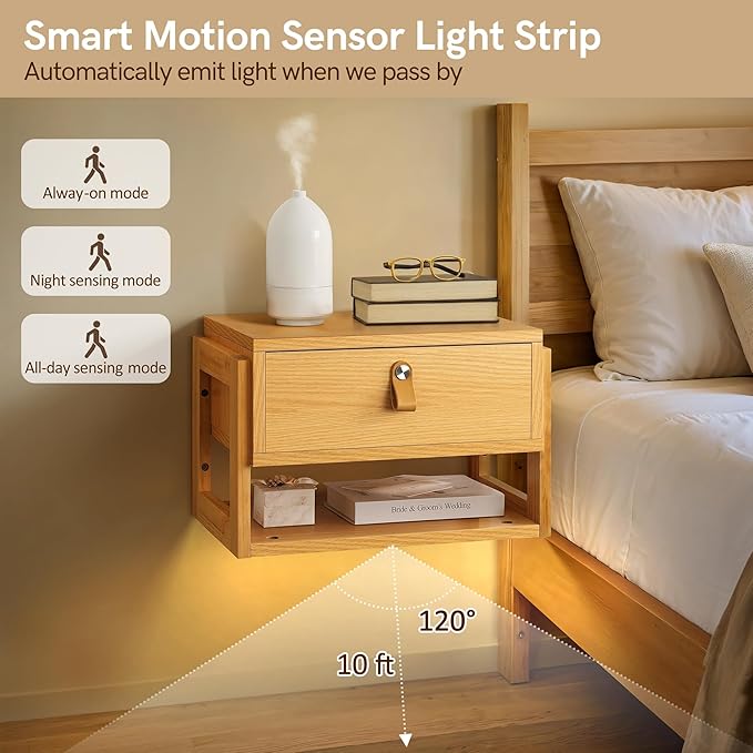 Afuly Floating Nightstand with LED Light Strips, Modern Night Stand with Drawer Wall Mounted Bedside End Table, Wood Nightstand Side Table Shelf for Bedroom Natural Wooden Decor