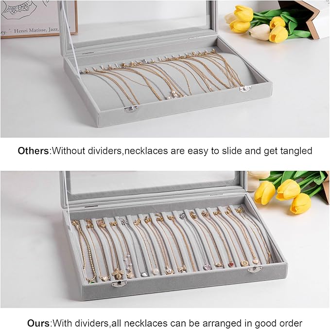 Frebeauty 15 Hooks Necklace Tray Velvet Neckalce Organizer with Clear Lid Lockable Necklace Holder Box Jewelry Organizer for Pendants Chains Necklace Jeweley Tray for Women Girls(Black)