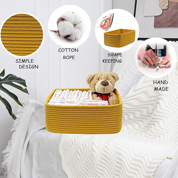 COMFY-HOMI 13" x 8.5" x 5.1" Storage Baskets for Organizing | Cotton Rope Woven Basket | Toy Storage Bin Box | Basket for Shelves, Closet Organizer Bin, Decorative Closet Shelf, 1 Pack, yellow