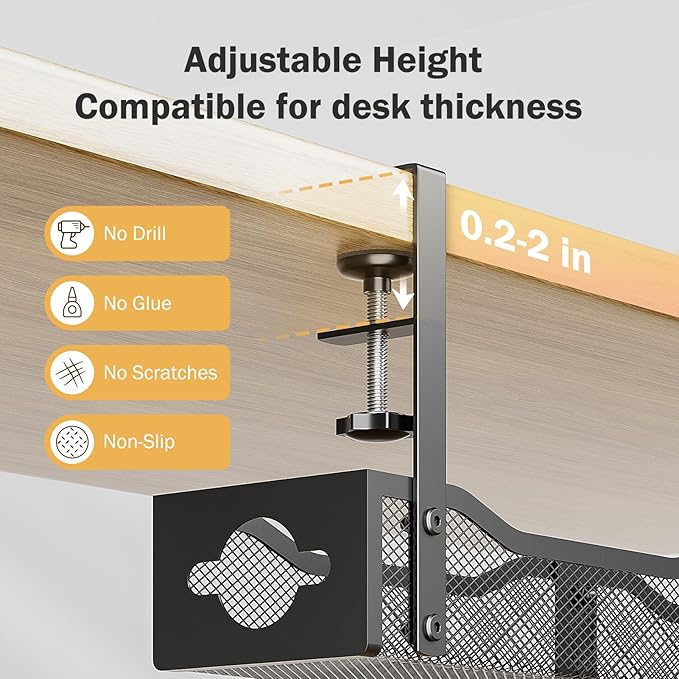 DELAMU 25'' Extended Under Desk Cable Management, No Dill Desk Cable Management with F-Clamp, Metal Cable Management Tray to Cord Organizer for Home Office, 1 Pack, Black