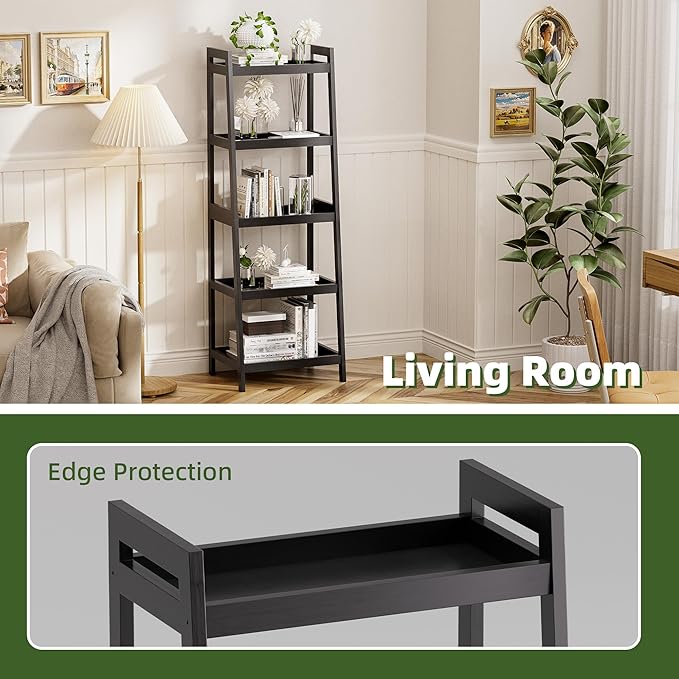 Bookshelf, 5 Tier Ladder Bookcase with Bamboo Frame, Freestanding Tall Narrow Display Plant Shelf for Living Room, Kitchen, Bedroom, Balcony, Black