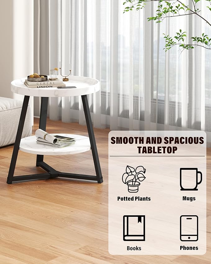 Small Round End Table, 2-Tier Side Table with Storage, Small Round Coffee Table for Living Room, 20'' Living Room Furniture with Sturdy Steel Frame (White Marble)