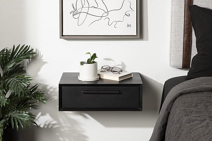 Kate and Laurel McCutcheon Floating Wood Storage Shelf, 18 x 12 x 6, Black, Decorative Transitional Floating Bedroom Nightstand with a Concealed Cubby Compartment
