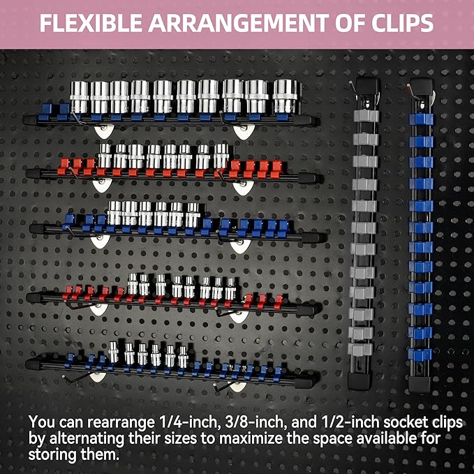 Socket Organizer Drive ABS Tools - Grey Socket Holder, Premium Quality 9 Pieces Socket Holders Kit 1/4-Inch x 48 Clips, 3/8-Inch x 45 Clips, 1/2-Inch x 36 Clips（9PC,Grey)