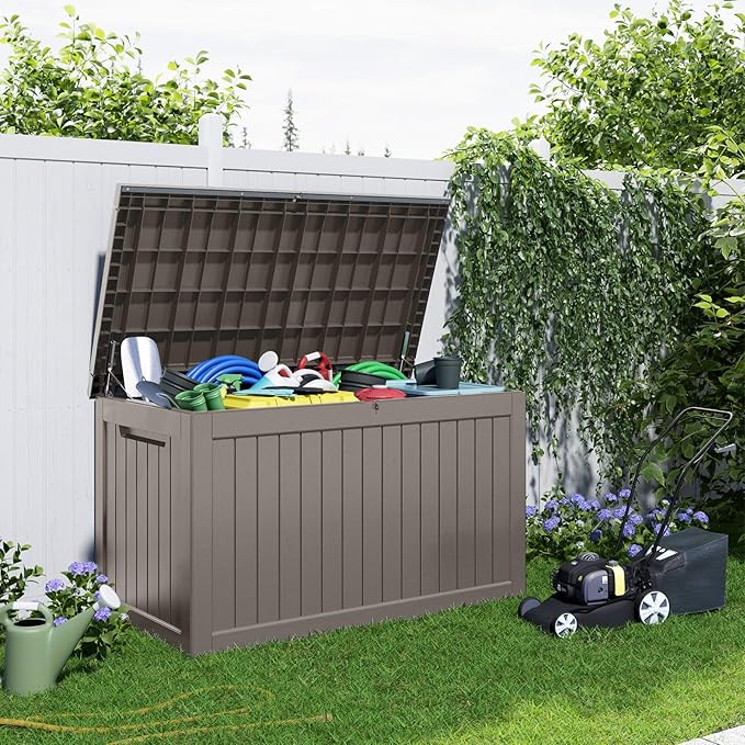 EasyUp 280 Gallon Outdoor Storage Box Waterproof, UV Resistant Resin Deck Box with Hydraulic Rod, Reinforced Stability for Patio, Garden, Striped Gray