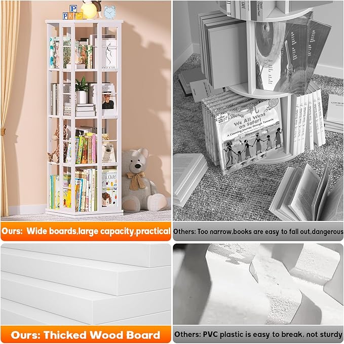 Aheaplus Rotating Bookshelf, 4-Tier Corner Bookshelf, 360 Display Wood Spinning Bookshelfs, Floor Standing Bookcase Narrow Shelf Revolving Organizer Storage Rack for Small Space, Study Room, White
