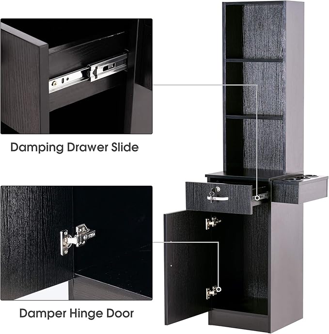 BarberPub Wall Mount Barber Station Hair Styling Drawer Storage Beauty Salon Spa Equipment 3208 (Black)