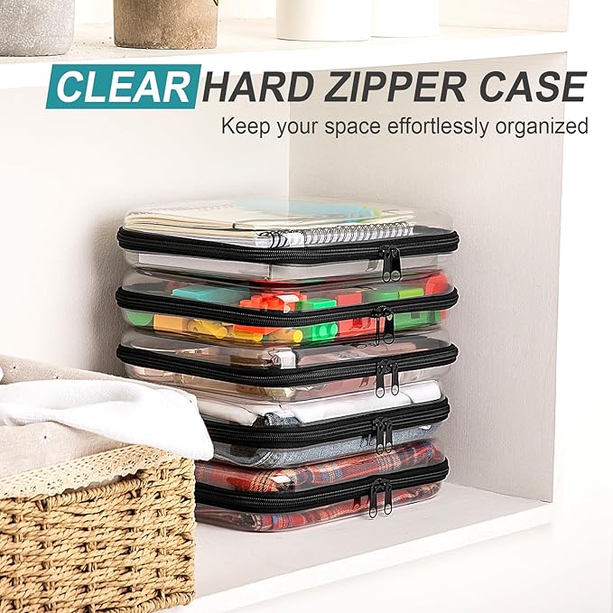 Sanwuta 6 Pcs Clear Hard Zipper Case Hard Plastic Zipper Pouches Transparent Makeup Bag Pencil Pouches for Travel Snacks Christmas Trinket Storage Organizer Box(Black,9.84 x 7.87 x 2 Inch)