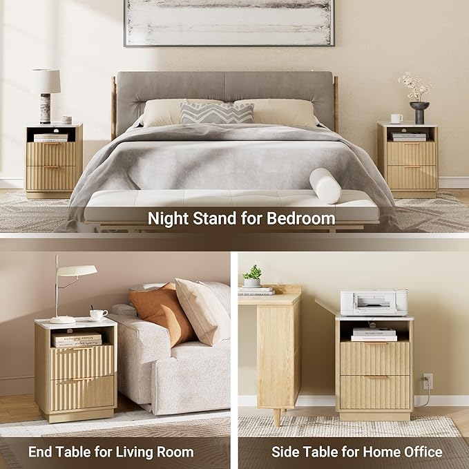 Fluted Night Stand with Charging Station, 18" Modern Nightstand with Faux Marble Top, 2 Drawers End Table with Storage, Bedside Table for Bedroom Living Room, Curved Profile (Natural Oak)