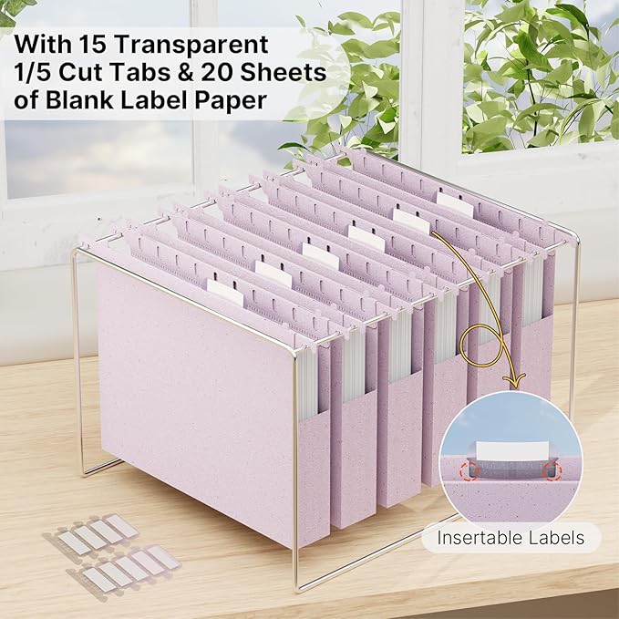 Letter Size Hanging File Folder Extra Capacity,Heavy Duty 1'' Expansion,Wheat Straw Plastic Filing Cabinet Folders,12 Pack Reinforced Morandi Purple File Organizer for File Frame File Box