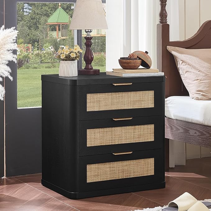 LEYAOYAO Rattan Night Stand Set of 2 with Drawers, 23" Large 3 Drawer Boho Nightstand, Natural Wood Bedside Table Storage Cabinet, Bed Side End Tables Dresser for Bedroom, Living Room, Hallway, Closet