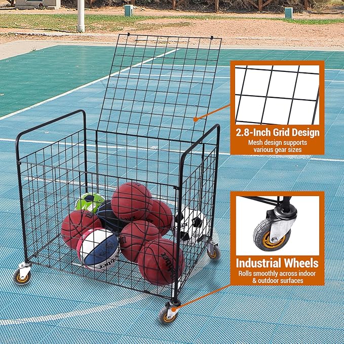 MyGift Professional Gym Metal Multi Sports Ball Storage Cart with Jumbo Industrial Wheels, Commercial Grade Portable Equipment Locker Cage for Basketball, Football, Soccer, Volleyball