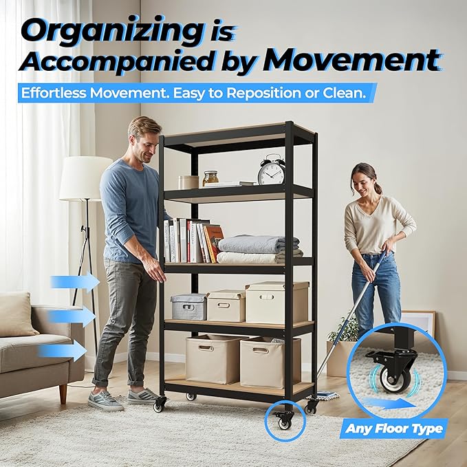HOMEDANT House 5-Tier Metal Boltless Rolling Cart Shelf Rack Casters Heavy Duty Wheel Shelving Unit Adjustable Utility Storage Shelves Organizer Shelf Kitchen Garage 48.1" W x 18.5" D x 75.4" H 2Pack
