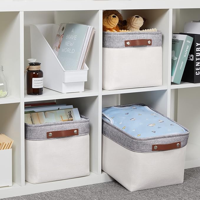 HNZIGE Large Storage Baskets for Shelves(3 Pack) Fabric Storage Toy Baskets with Handles, Decorative Foldable Storage Bins for Organizing (Gray&White-Leather Handles, 15"x11"x9.5")