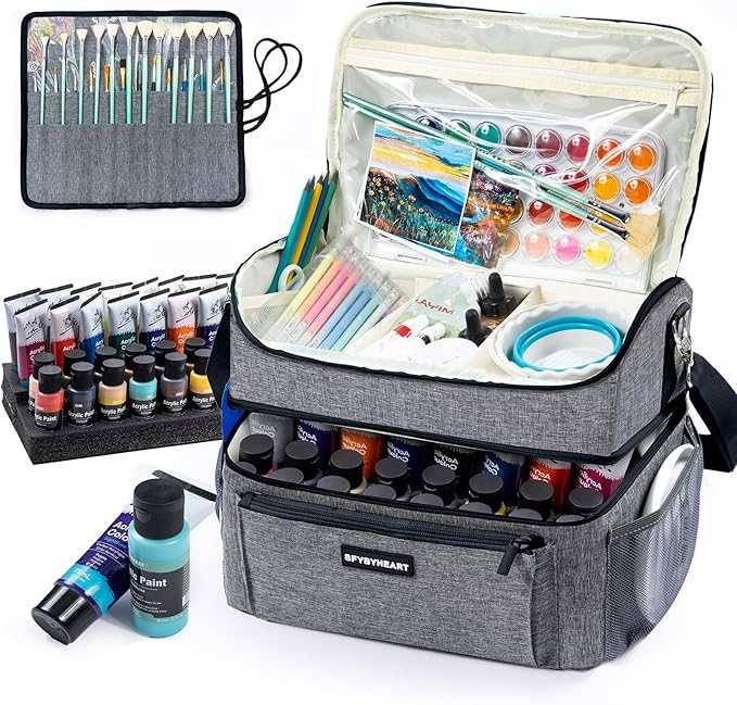 Acrylic Paint Organizer Bag with Washable Roll-Up Brush Holder, 2-Layer Art Supply Case, Large Craft Organizer with Foam Inserts for Apple Barrel, Shuttle Art, Caliart Art Supplies Storage Bag