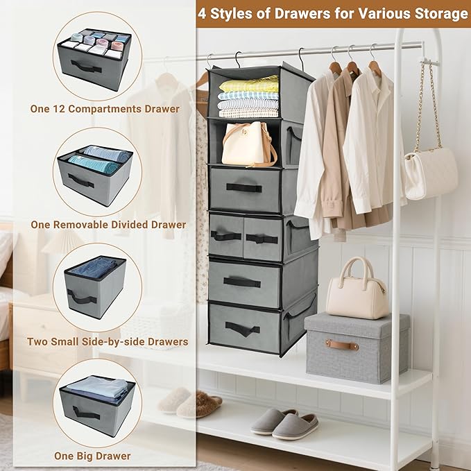 6-Tier Hanging Shelves with 5 Drawers & 3 Side Pocket,Durable Fabric Hanging Closet Organizer Holder with Sturdy Hook,Space-saving Storage Organization for Bedroom,Dorm,Guestroom,RV,Bathroom