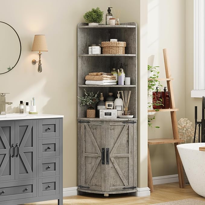 Vabches Tall Corner Cabinet, Farmhouse Corner Storage Shelf with 2 Doors and 6 Storage Shelves, Cabinet with Barn Door Design, Home Space Saver for Living Room, Kitchen, Bathroom, Grey