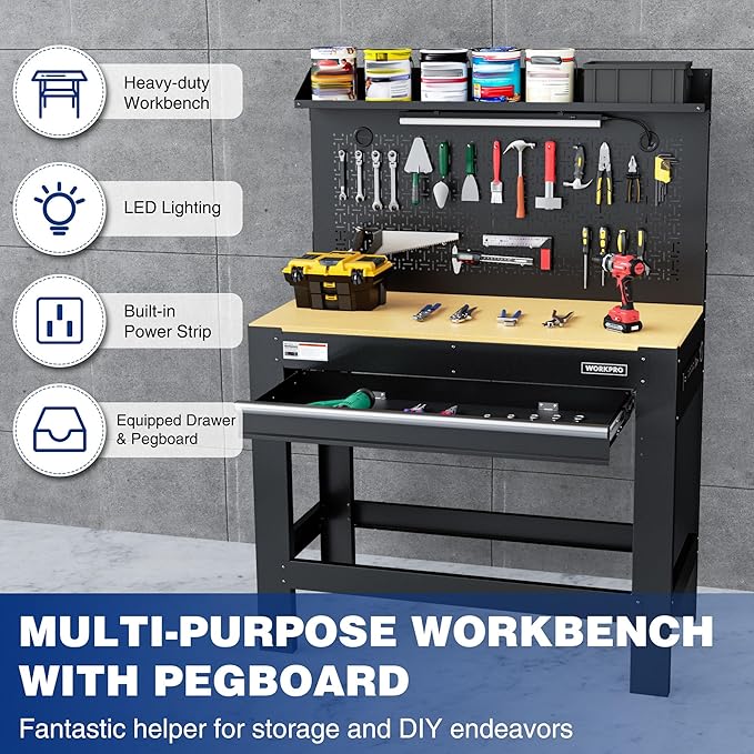 WORKPRO Garage Workbench with Storage, 45" Workbench with Pegboard, Power Outlets and Light, 800 LBS Multipurpose Work Bench for Garage, Warehouse, Workshop