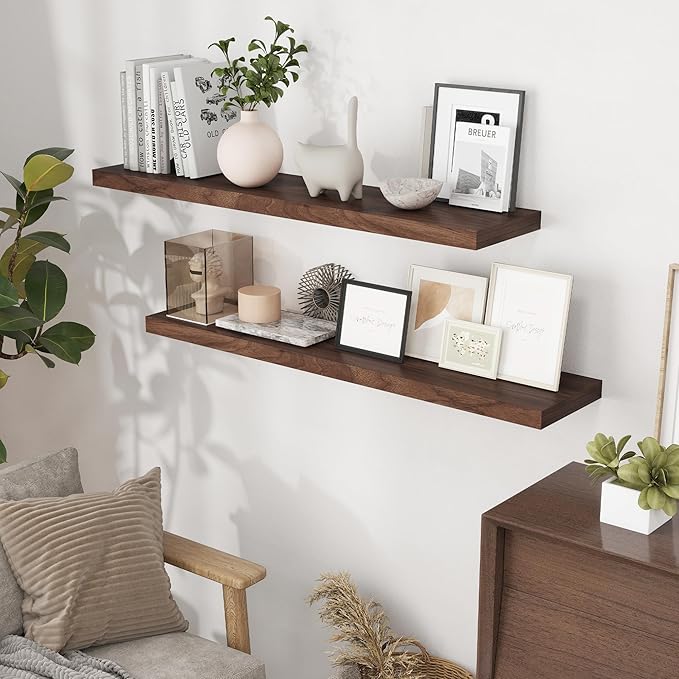 48 Inch Floating Shelves Set of 2, Rustic 48 x 9.3 Floating Shelf for Wall, 9.3 Inch Deep Bookshelf Invisible Bracket, Wall-Mounted Deep Shelving for Bedroom, Kicten, Living Room, Walnut Color