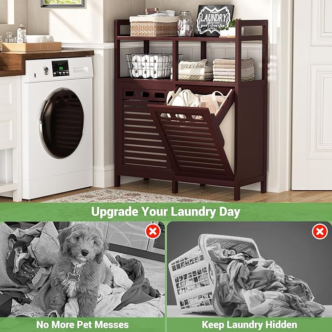 Homykic Tilt Out Laundry Hamper Cabinet, Bamboo Double Laundry Hamper with 2 Removable Laundry Baskets, 20 Gal Laundry Sorter Organizer with Shelf for Dirty Clothes, Bathroom, Laundry Room, Espresso