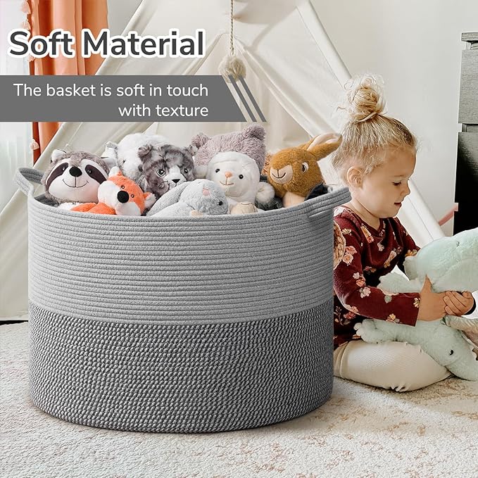 INDRESSME 115L Extra Large Blanket Basket, Cotton Rope Basket for Nursery Living Room, Decorative Woven Storage Baskets with Handles for Dirty Clothes, Toy Bin For Dog Toys, Grey
