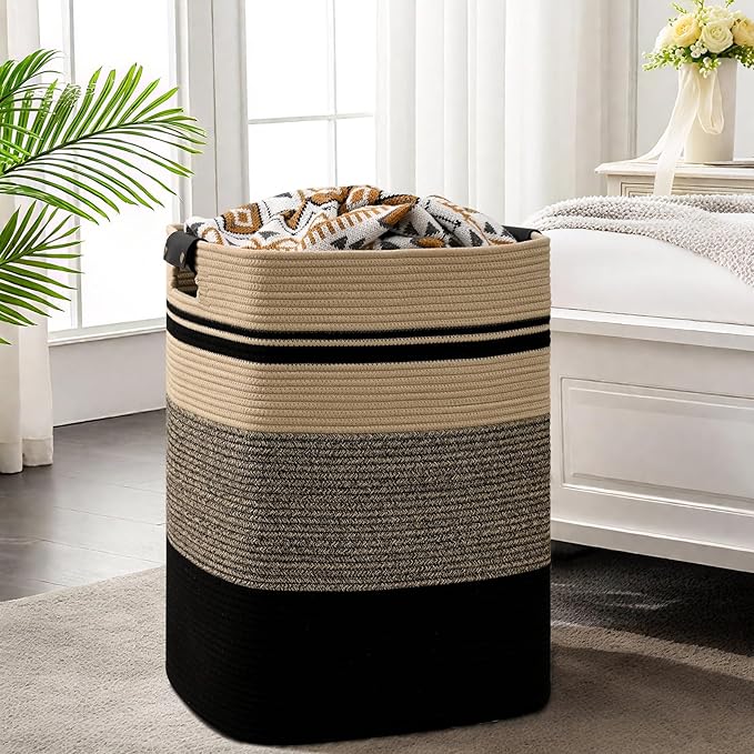 Laundry Hamper, 85L Tall Laundry Basket with Leather Handles, Rectangle Large Clothes Hamper for Organizing, Cotton Woven Laundry Baskets Storage Hampers for Bedroom, Nursery, Living Room